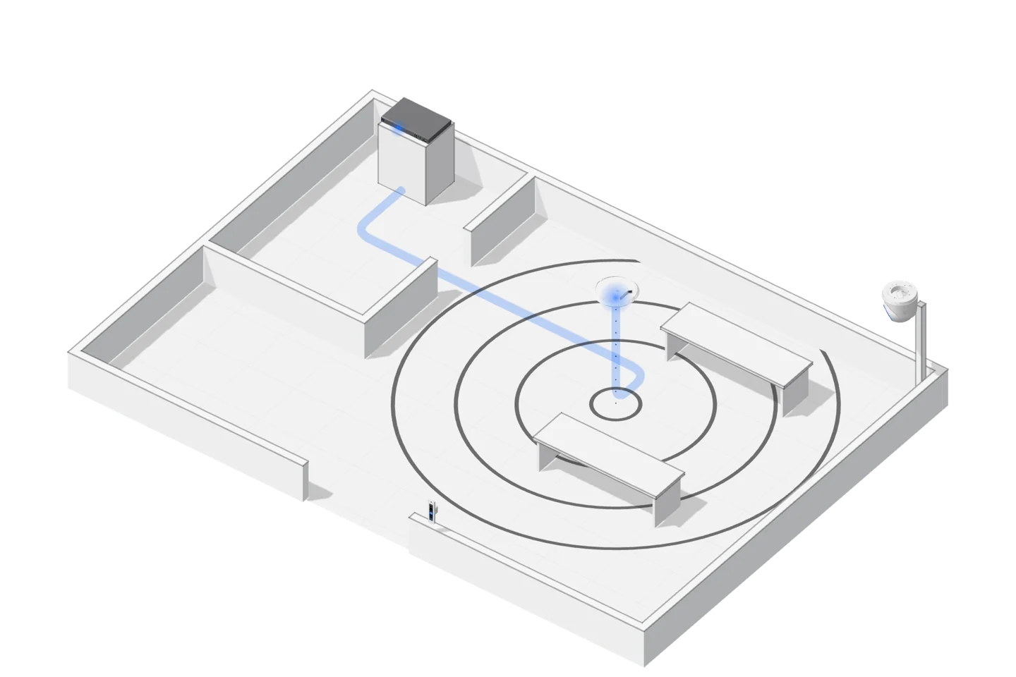 Uno spazio architettonico mostra la relazione tra una rete, i dispositivi connessi e gli accessi fisici.