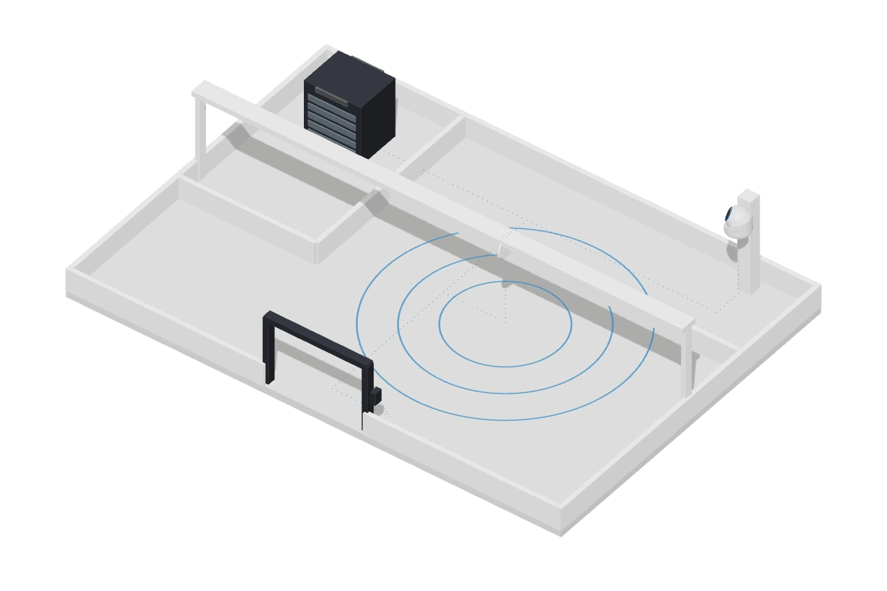 An architectural space showing the relationship between a network, connected devices and physical access.